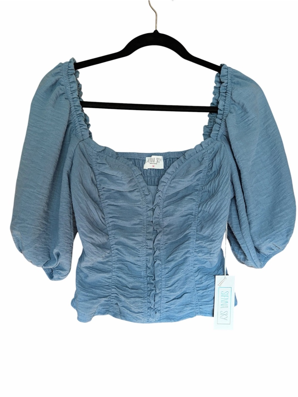 Sienna Sky Light Blue Puff Sleeve Ruched Off the Shoulder Crop Top